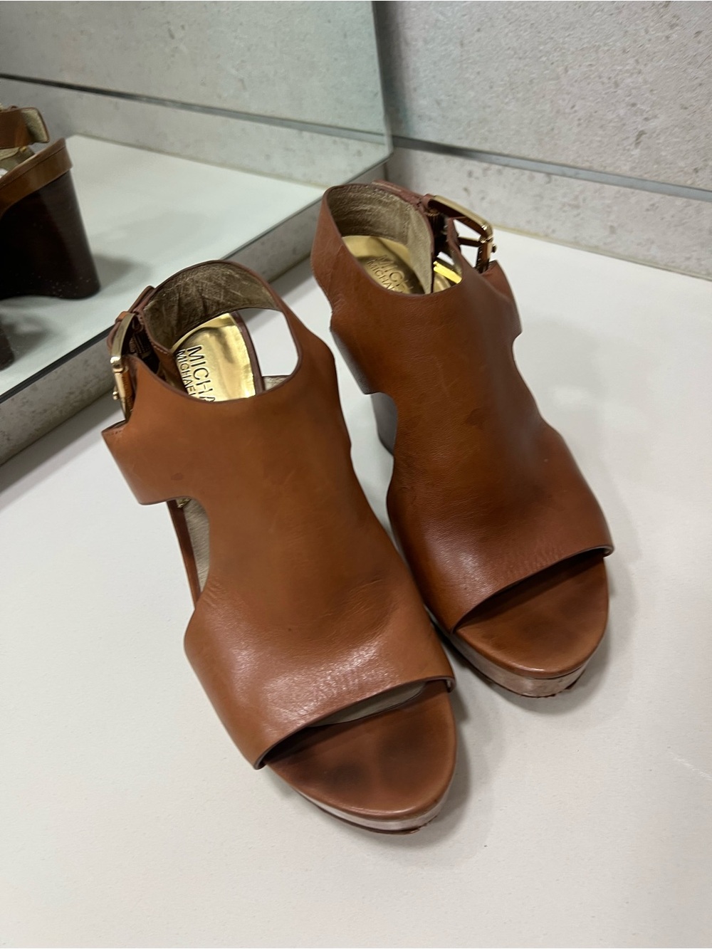 Michael Kors Brown Leather Open-Toe Wedge Sandals with Gold Buckle